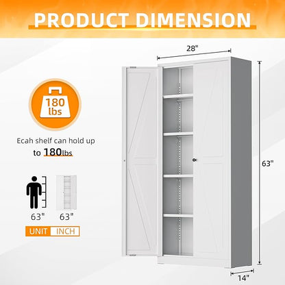 INTERGRAET 63" H Pantry Cabinet, Kitchen Pantry Storage Cabinet with 2 Doors and 4 Adjustable Shelves, White Metal Storage Cupboard for Home, Kitchen, Living Room