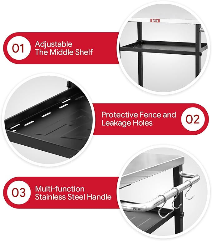 Feasto 3-Tier Outdoor Grill Cart, Rolling Pizza Oven Table with Compact 26.6" x 16.1" Stainless Top for Pizza Ovens & Griddles, Outdoor Bar Cart with S-Hooks for Patio Parties, Deck Dining & Camping
