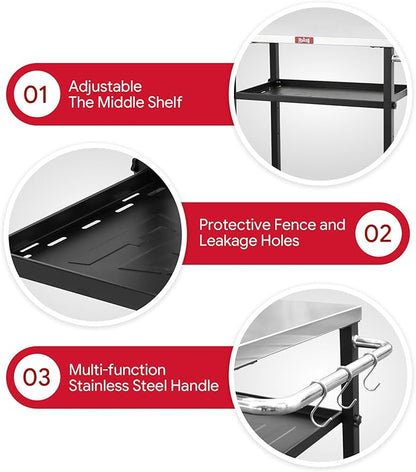 Feasto 3-Tier Outdoor Grill Cart, Rolling Pizza Oven Table with Compact 26.6" x 16.1" Stainless Top for Pizza Ovens & Griddles, Outdoor Bar Cart with S-Hooks for Patio Parties, Deck Dining & Camping
