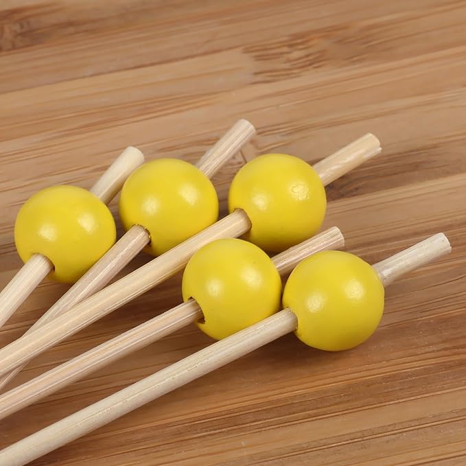 BambooMN Decorative Ball End Cocktail Fruit Sandwich Picks Skewers for Catered Events, Holiday's, Restaurants or Buffets Party Supplies - 3.9" Bright Yellow, 100 Pcs