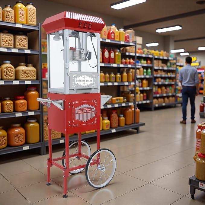 12 Oz Nostalgia Professional Popcorn Cart Makes Up to 64 Cups, Popper Maker with Warming Deck and Old Maids Drawer, Movie Night Supplies for Home & Parties, Red
