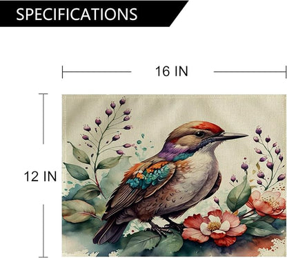 Watercolor Painting Birds Table Mats Set of 4 Spring Topical Flowers Placemats Waterproof Heat Resistant Washable Non-Slip Place Mats for Dinner Room Kitchen Decor Table 12”×16”(Brown, 12”×16”)