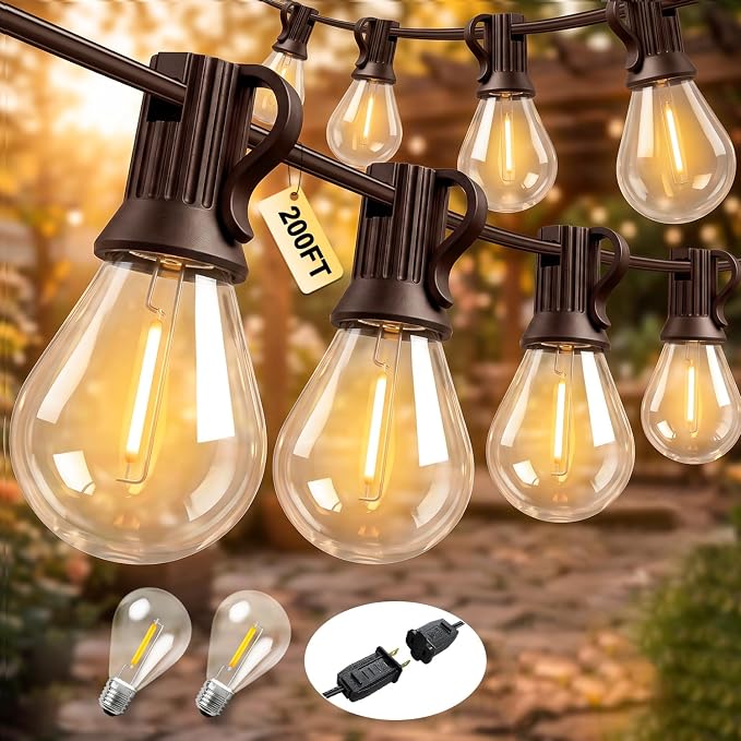 200FT 2‑Pack Dimmable Outdoor String Lights, with LED Vintage Edison Bulbs | Connectable Commercial Waterproof Shatterproof Patio Lights, Plug in 2700K Hanging Lighting for Backyard Balcony Garden Decor
