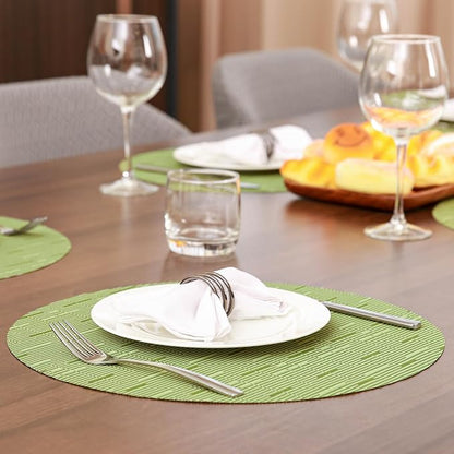 15 Inch Round Placemats Set of 8, Washable Vinyl Woven Place Mats | Heat Resistant Non-Slip Braided Table Mats for Dining Table Kitchen Indoor & Outdoor Use (Green, Set of 8)