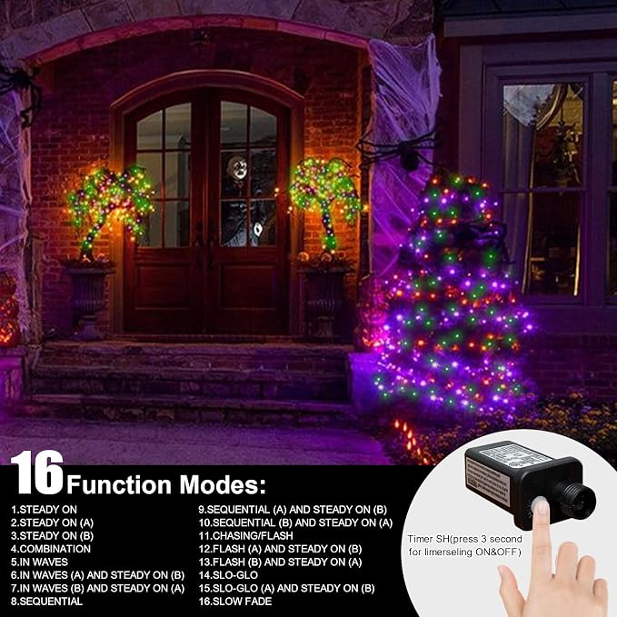66ft Halloween Decorative Mini Lights, 200 LED Brown Wire Fairy Starry String Lights Plug in, 16 Lighting Modes for Halloween Outdoor Party Decoration (Orange/Purple/Green)