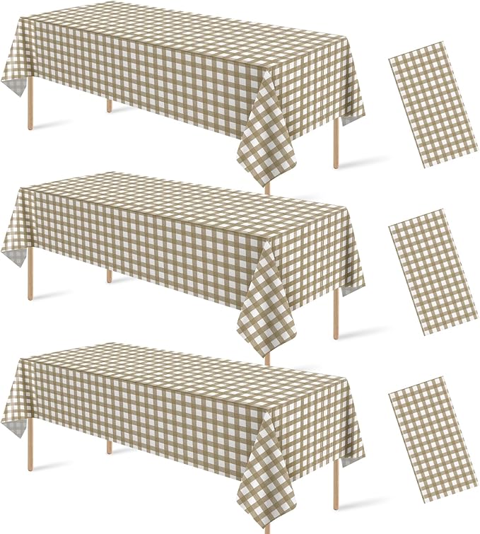 3Pcs Brown Gingham Tablecloths, Checkered Party Table Covers 54x108 In | Brown and White Checkered Tablecloths Disposable Plastic Waterproof for Fall Picnic Halloween Barbecue Birthday Outdoor Party