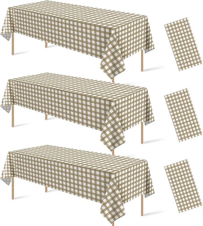 3Pcs Brown Gingham Tablecloths, Checkered Party Table Covers 54x108 In | Brown and White Checkered Tablecloths Disposable Plastic Waterproof for Fall Picnic Halloween Barbecue Birthday Outdoor Party