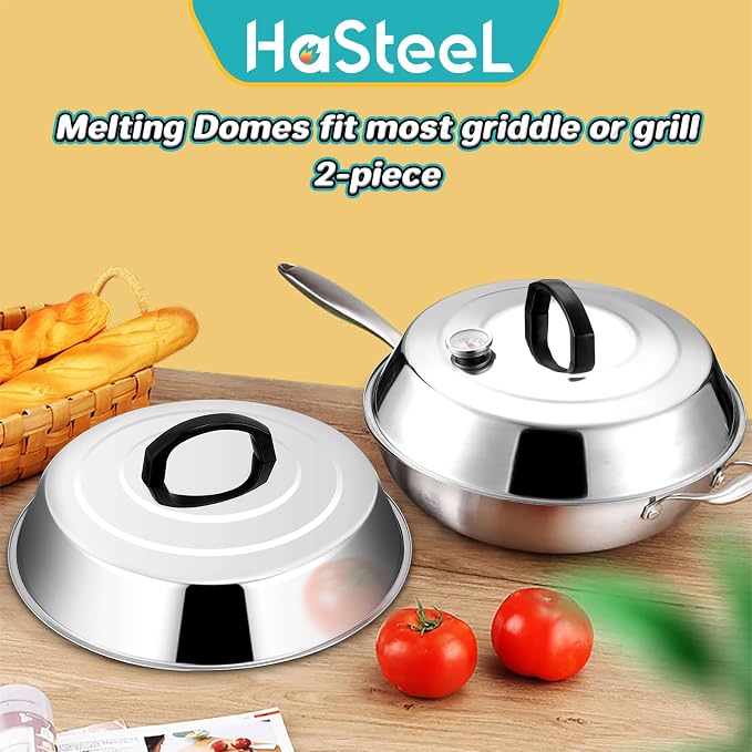 12Inch Cheese Melting Dome, HaSteeL Stainless Steel Round Basting Steaming Cover, Large Solid Griddle Dome & Grill Lid with Thermometer, For Flat Top Teppanyaki BBQ Camping Cooking Indoor & Outdoor