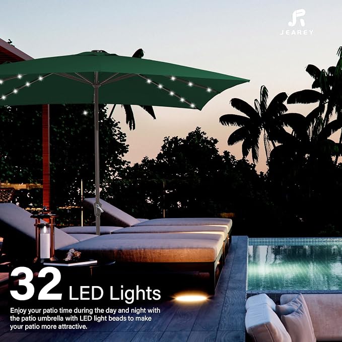 JEAREY 8x10' Rectangle LED Lighted Umbrella Patio Umbrella Outdoor w/Crank | Solar Market Umbrellas with 8 Sturdy Ribs, UV Protection Waterproof Sunproof for Pool, Deck, Backyard(Dark Green)
