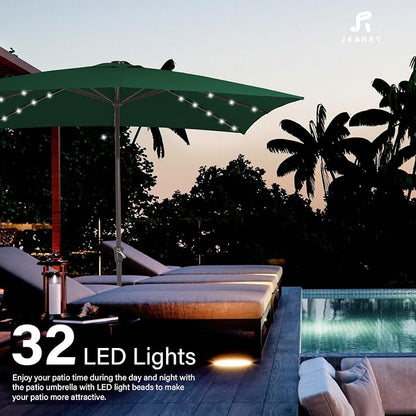 JEAREY 8x10' Rectangle LED Lighted Umbrella Patio Umbrella Outdoor w/Crank | Solar Market Umbrellas with 8 Sturdy Ribs, UV Protection Waterproof Sunproof for Pool, Deck, Backyard(Dark Green)