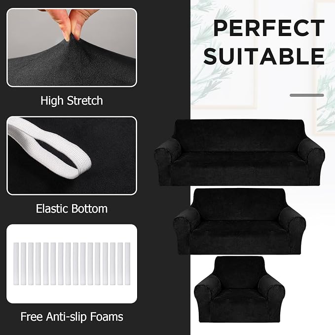 Peryiter 3 Pcs Couch and Loveseat Sofa Covers,Black,Velvet | Armchair Covers for Living Room, Sofa Cushion Slipcover, Furniture Protector, Polyester and Spandex, Washable