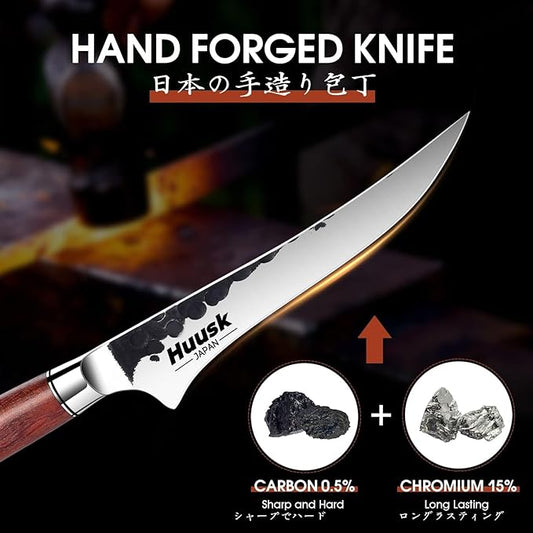 Huusk Boning Knife, Hand Forged 6" Fillet Knife, Butcher Knives Japanese Deboning Knives for Meat, Fish, Poultry, Rosewood Handle with Gift Box, Gifts Idea for Men Women