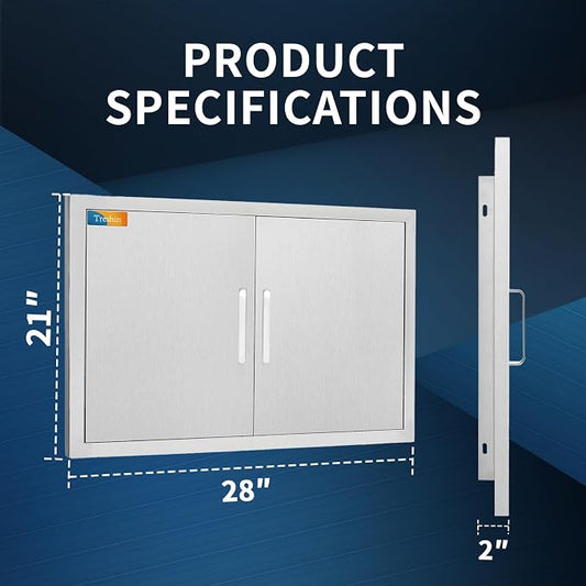 Treshin Outdoor Kitchen Door 28" W x 21" H, Double BBQ Access Doors | Stainless Steel Door with Magnetic Closure & Hooks, Flush Mount for Grill Island, Outdoor Kitchens, BBQ Station