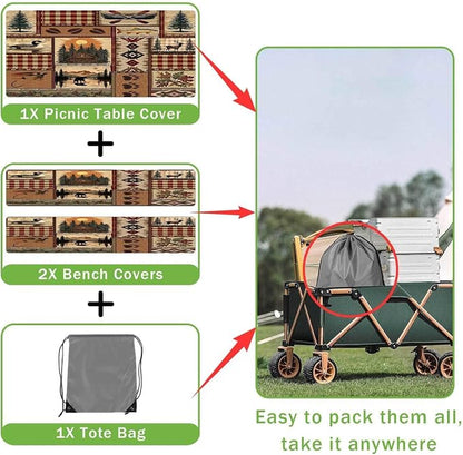 JAWO Rustic Cabin Picnic Table Cover with Bench Covers, Camping Essentials, Bear Deer Country Hunting Outdoor Table Covers, Waterproof, Fitted Tablecloth Cover with Elastic Edge, 3 PCS, 30X72 Inch