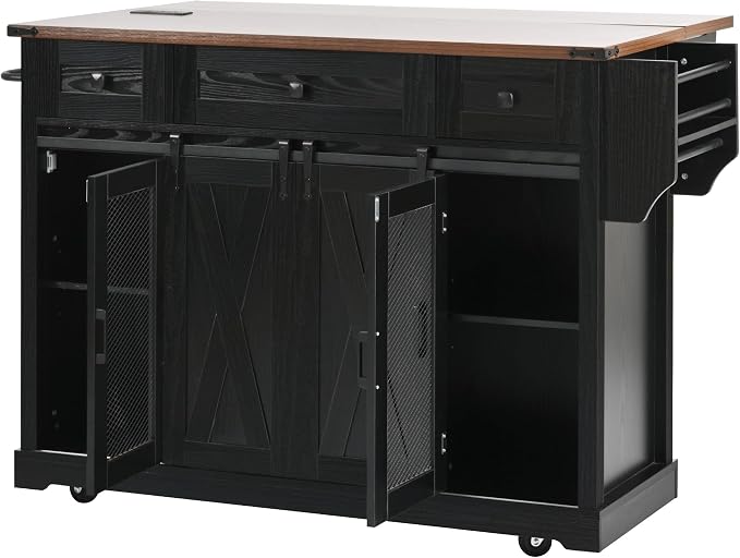 Bellemave 58" Farmhouse Kitchen Island cart with Charging Station and with Storage, Sliding Barn Door & Metal Grid Side Door, Rolling Kitchen Island Table with 5 Wheels with Spice Rack, Black