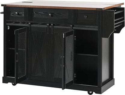 Bellemave 58" Farmhouse Kitchen Island cart with Charging Station and with Storage, Sliding Barn Door & Metal Grid Side Door, Rolling Kitchen Island Table with 5 Wheels with Spice Rack, Black