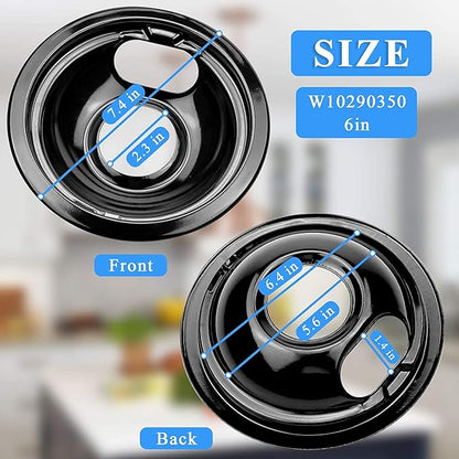 W10290350 W10290353 Burner Porcelain Drip Pans Set Replacement by APPLIANCEMATES Fits whirlpool Electric Range Stove Top Drip Bowls 4-Pack Includes 2 Large 8-Inch and 2 Small 6-Inch (Black)