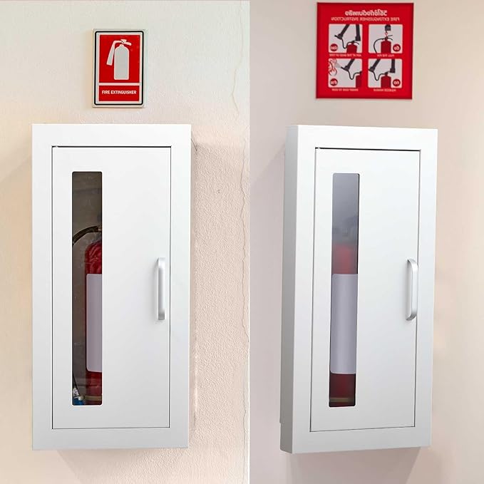 Zonon 1 Pcs Semi Recessed Fire Extinguisher Cabinet Industrial Architectural Wall Cabinet, Door with Handle Version for 10 Pound Dry Chemical Fire Extinguisher White