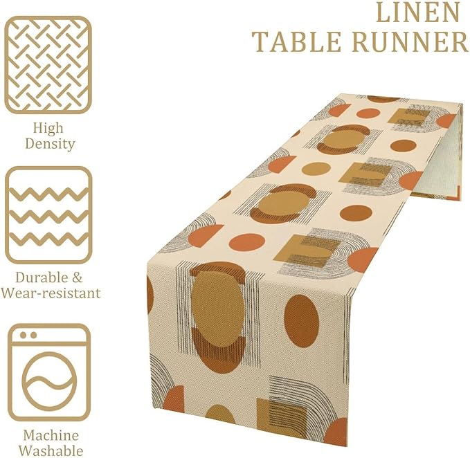 Mid Century Moon Sun Table Runner, Aesthetic Abstract Geometric Shapes Creative Minimalist Bohemian Modern Design Dinner Runner for Home Kitchen Dining Table Decoration 13"x120"