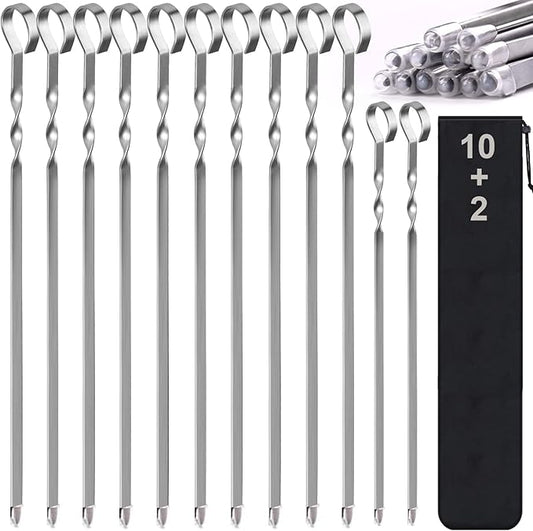 Skewers - 17" Kabob Skewers for Grilling, Metal Sticks for Kabobs Stainless Steel Flat Long Shish Kebab Reusable Grill BBQ Barbecue Sticks for Meat Chicken Vegetable, 12 Pack Bonus 14 Inch