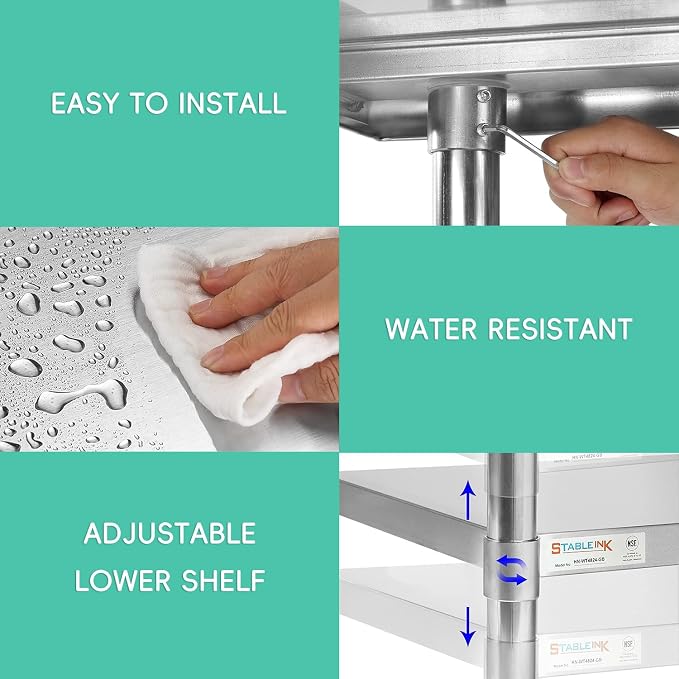 STABLEINK Stainless Steel Table with Backsplash 60x24 Inches 5ft for Prep | NSF Certified Metal Work Table with Adjustable Undershelf for Commercial Kitchen Restaurant Hotel Laundry Garage Chef