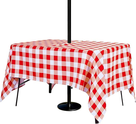 Poise3EHome Rectangle Outdoor Tablecloth with Umbrella Hole and Zipper,Red and White Gingham 84x60 Inch,SpillProof Washable Table Cloth for Spring Summer Patio Garden Poolside Picnic Camping BBQS