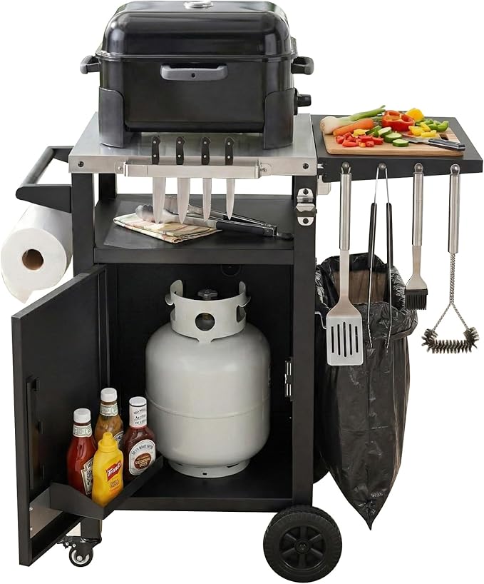 Outdoor Kitchen Island and Grill Cart with Stainless Steel Top, 33.9" Mobile BBQ Prep Table with Drop Leaf, Storage Cabinet, Spice & Paper Towel Rack, Rolling Pizza Oven Stand for Patio