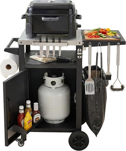 Outdoor Kitchen Island and Grill Cart with Stainless Steel Top, 33.9" Mobile BBQ Prep Table with Drop Leaf, Storage Cabinet, Spice & Paper Towel Rack, Rolling Pizza Oven Stand for Patio