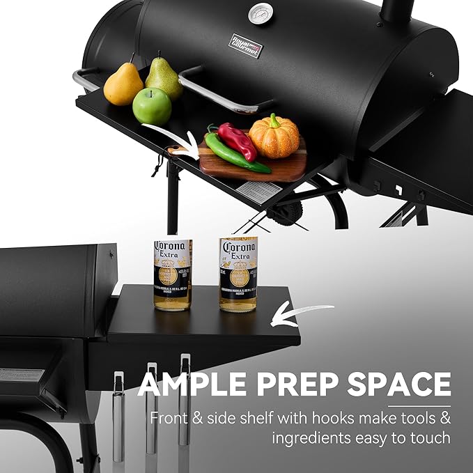 Royal Gourmet CC1624S Barrel Charcoal Grill with Offset Smoker, 552 Sq. In. Cooking Area, Steel Front Shelf, Steel Side Shelf with Hooks, Charcoal Grill for Outdoor Grilling, Black