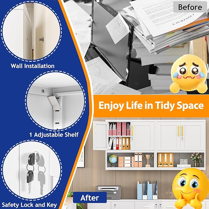 GAIOUS Metal Garage Wall Cabinet with Lock, Wall Mounted Steel Tool Cabinet with Door and Shelf, Medicine Cabinet with Open Area, Hanging Cabinet for Garage Warehouse Bathroom Kitchen, White