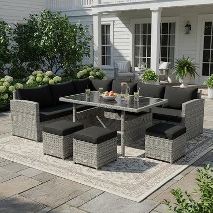 Tangkula 7 Pieces Patio Furniture Set, Outdoor Sectional Rattan Sofa Set with Cushions, All Weather Wicker Conversation Couch Set w/Dining Table & Ottomans for Backyard Garden Poolside, Black