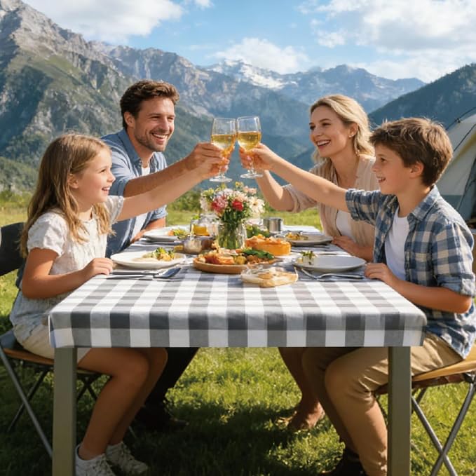 Picnic Table Cover with Bench Covers, Washable Tablecloth for 6 Foot Rectangle Tables – 72"x30" Waterproof Elastic Fitted Black and White Checkered Camping Tablecloth for Outdoor Use