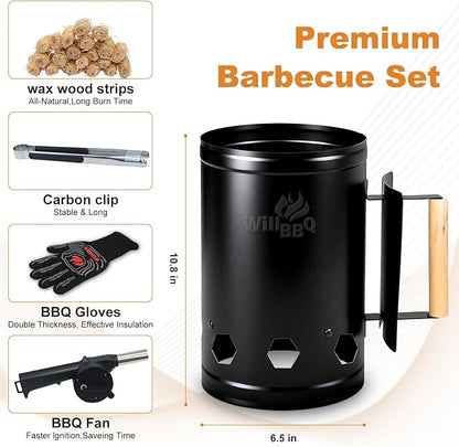 WILLBBQ Charcoal Chimney Starter Great for Fireplace, BBQ, Fire Pits, Barbecues, Chimineas, Campfires, Pizza Ovens - Zinc Steel BBQ Kit, 20 Starters, Heat Resistant Gloves Blower (Black)