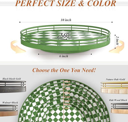 Green and White Checkerboard Lazy Susan with Rubberwood Base and Metal Rail | Smooth rotating oak tray with walnut finish for dining tables, kitchen counters, pantries and cabinet storage.
