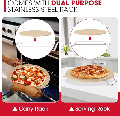 Unicook 12 Inch Round Pizza Stone for Oven and Grill, Comes with Carry Rack | Heat Resistant to 1450 ℉, Even Heating and Consistent Heat Retention, Crispy Crust for Fresh & Frozen Pizzas, Bread, Cookies