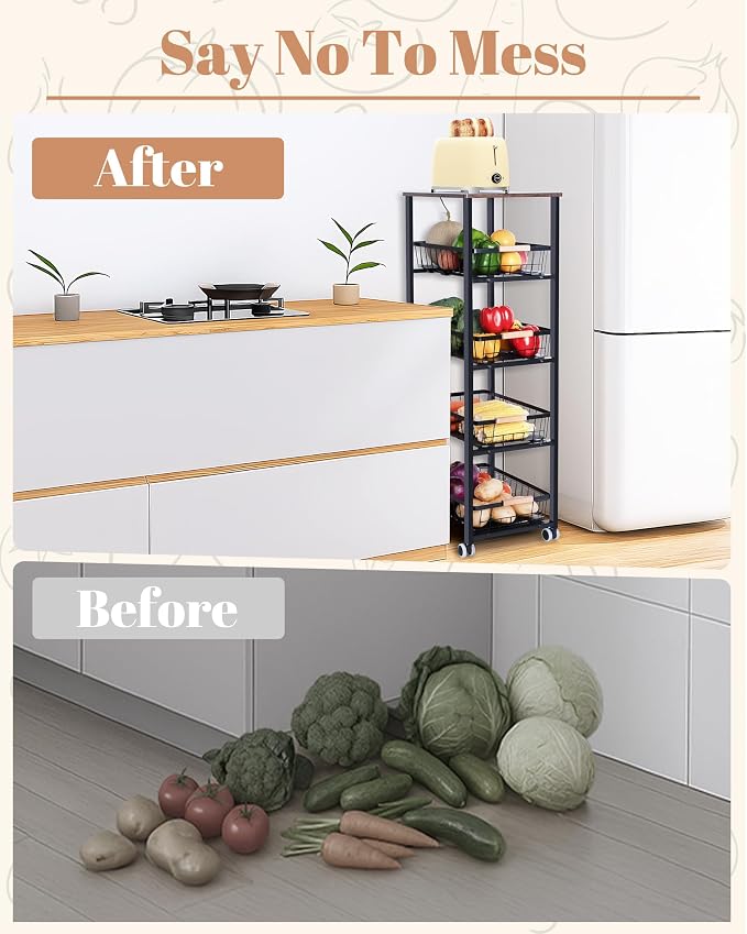 Mythinglogic 5-Tier Rolling Fruit Vegetable Storage Cart with Pull-Out Baskets, Metal Kitchen Organizer, Heavy Duty Utility Rack with Wheels for Pantry, Living Room, Kitchen