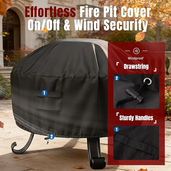 SHINESTAR Fire Pit Cover Round, Fits for 44-48 Inch Fire Pit Table, 600D Heavy Duty Fabric, Waterproof and Windproof, 48" D x 24" H, Black