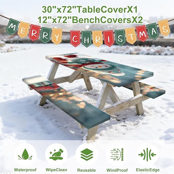Christmas Picnic Table Cover with Bench Cover, Outdoor Picnic Table Elastic Tablecloth, Snowman Design with Lights, Camping, Barbecue and Holiday party Tablecloth
