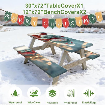 Christmas Picnic Table Cover with Bench Cover, Outdoor Picnic Table Elastic Tablecloth, Snowman Design with Lights, Camping, Barbecue and Holiday party Tablecloth