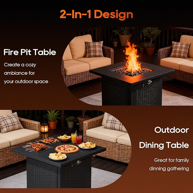 FDW 28-Inch Square Outdoor Propane Fire Pit Table, 50,000 BTU CSA Listed Gas Firepit with Lid & Lava Rock, Alloy Steel Patio Fire Pit Table for Patio Deck Garden