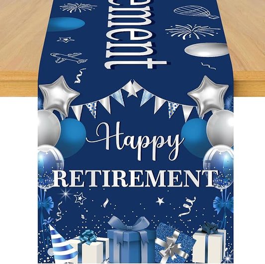 Happy Retirement Table Runner, Navy Blue Sliver Retirement Theme Linen Fabric Table Runner for Everyday Use 72 x 13 Inches, Washable Table Cover for Indoor Outdoor Kitchen Dining Table Decor