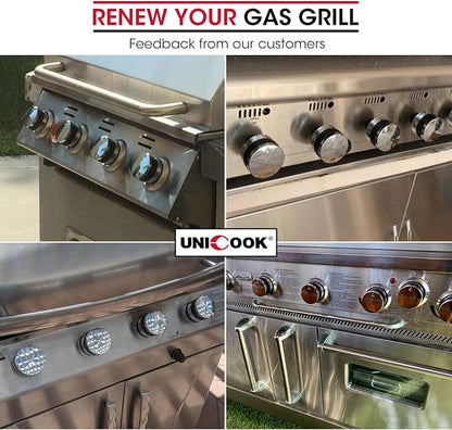 Unicook Grill Control Knob 4 Pack, Gas Burner Replacement, Chrome Plated Plastic with Nonslip Grip, Fits BBQ Gas Grills with D Shaped Valve Stem, Including 4 Knobs and 12 Adaptors