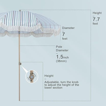 Tempera 7ft Boho Beach & Patio Umbrella with Fringe, Market Umbrellas with UPF 50+ UV & Water-Resistant Canopy, 1.5" Wood Pole & Button Tilt.