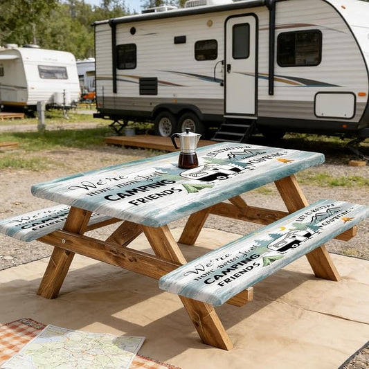 Happy Camper Picnic Table Cover with Bench Covers Elastic Edges, Wooden Camper Fitted Table Cover, Outdoor Patio Camping Essentials 72 Inch 3PCS, Waterproof Camping Tablecloth with Drawstring Bag