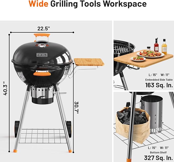 KEYO GRILL 22.5-inch Kettle Charcoal Grills, Portable Charcoal Grill with Adjustable Vents, One Click Cleaning System, Walnut Side Table Outdoor BBQ Grill for Camping, Tailgating and Backyard