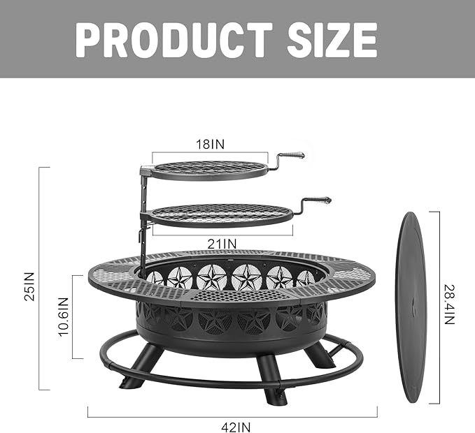 Verdeluxe 42 Inch BBQ Fire Pit with 2 Grills,3-in-1 Outdoor Round Metal Fire Pit Table with Lid,Fire Poker,Large Outdoor Wood Burning Firepits for Outside,Picnic,Bonfire Backyard Patio(Black)