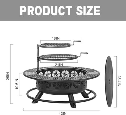 Verdeluxe 42 Inch BBQ Fire Pit with 2 Grills,3-in-1 Outdoor Round Metal Fire Pit Table with Lid,Fire Poker,Large Outdoor Wood Burning Firepits for Outside,Picnic,Bonfire Backyard Patio(Black)