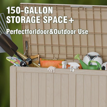 150 Gallon Lockable Resin Outdoor Storage Box, Waterproof & Weather Resistant Deck Box for Patio Cushion, Garden Tools & Pool Accessories, Grey