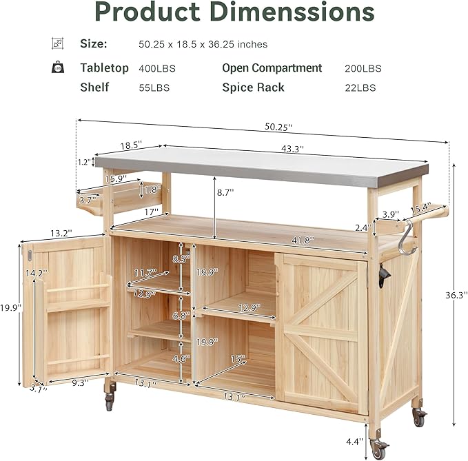 LUMISOL Outdoor Grill Cart with Stainless Steel Top, Farmhouse Solid Wood Kitchen Island with Storage Rack, Outdoor Rolling Bar Cart & Storage Cabinet with Spice & Towel Rack, Natural