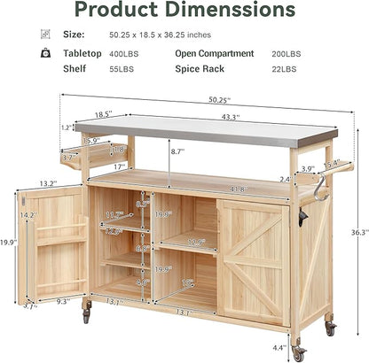 LUMISOL Outdoor Grill Cart with Stainless Steel Top, Farmhouse Solid Wood Kitchen Island with Storage Rack, Outdoor Rolling Bar Cart & Storage Cabinet with Spice & Towel Rack, Natural